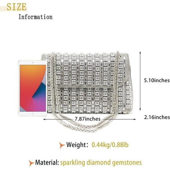 Women Silver Sparkly Rhinestone Cocktail Diamond Bag